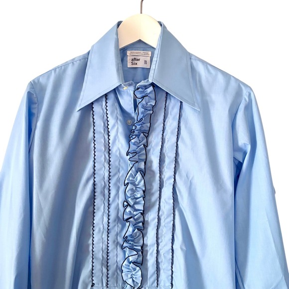 Vintage 1970s After Six Ruffled Light Blue Unisex Vampirecore Shirt - Picture 3 of 7